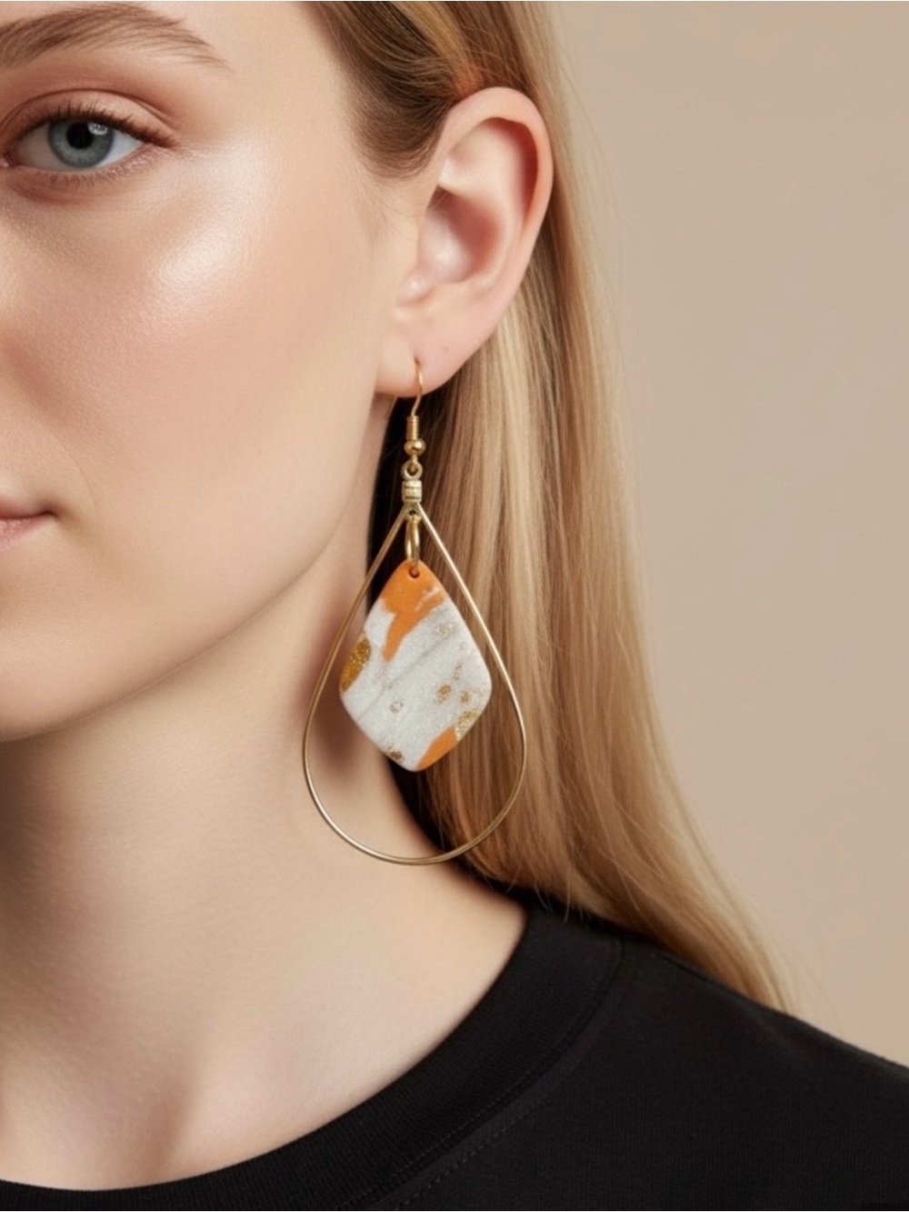 Gold Teardrop Earrings with Orange & White Stone